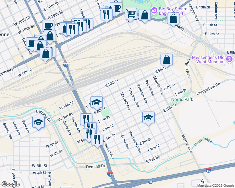 map of restaurants, bars, coffee shops, grocery stores, and more near 507 East 9th Street in Cheyenne