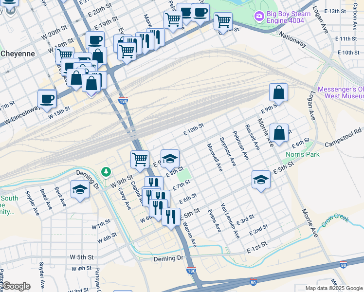 map of restaurants, bars, coffee shops, grocery stores, and more near 404 East 9th Street in Cheyenne
