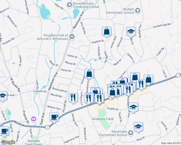 map of restaurants, bars, coffee shops, grocery stores, and more near 71 Saddle Road in Norwalk