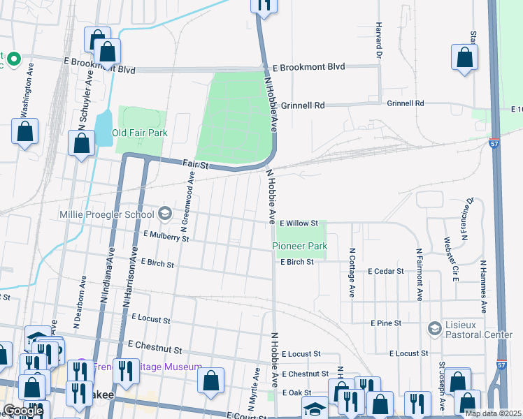 map of restaurants, bars, coffee shops, grocery stores, and more near 838 North Evergreen Avenue in Kankakee