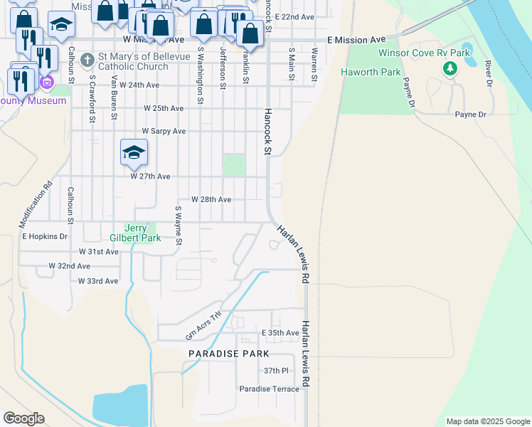 map of restaurants, bars, coffee shops, grocery stores, and more near 2809 South Hancock Street in Bellevue