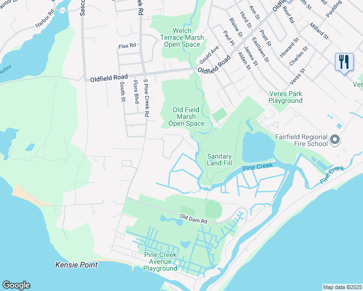 map of restaurants, bars, coffee shops, grocery stores, and more near 127 Field Point Drive in Fairfield