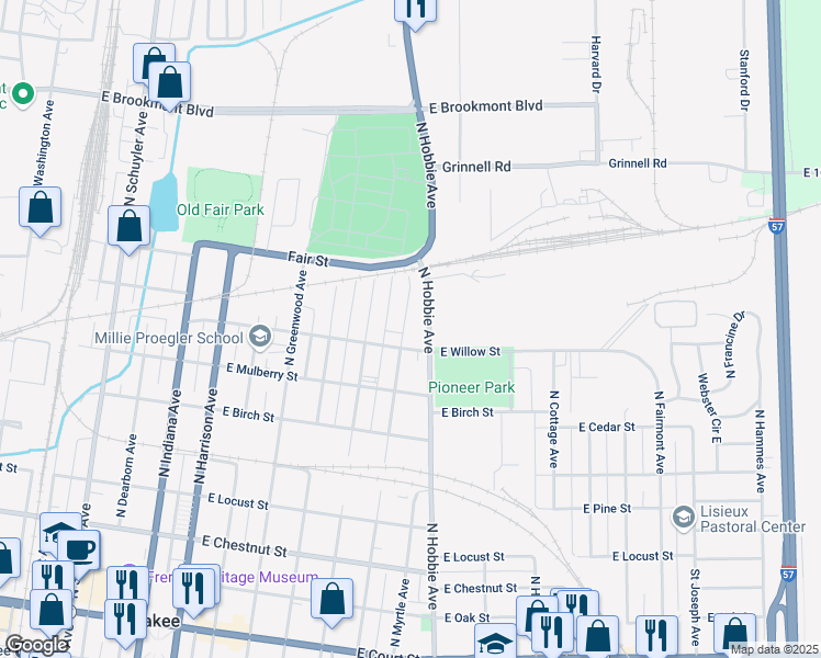 map of restaurants, bars, coffee shops, grocery stores, and more near 838 North Evergreen Avenue in Kankakee