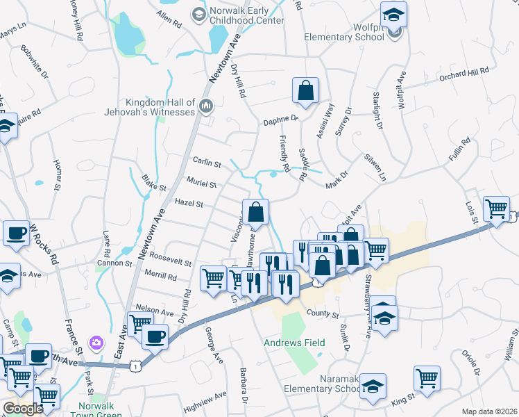 map of restaurants, bars, coffee shops, grocery stores, and more near 71 Saddle Road in Norwalk