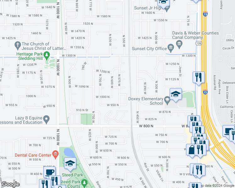 map of restaurants, bars, coffee shops, grocery stores, and more near 1027 North 575 West in Clinton