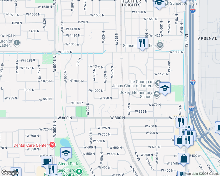 map of restaurants, bars, coffee shops, grocery stores, and more near 1028 North 525 West in Clinton