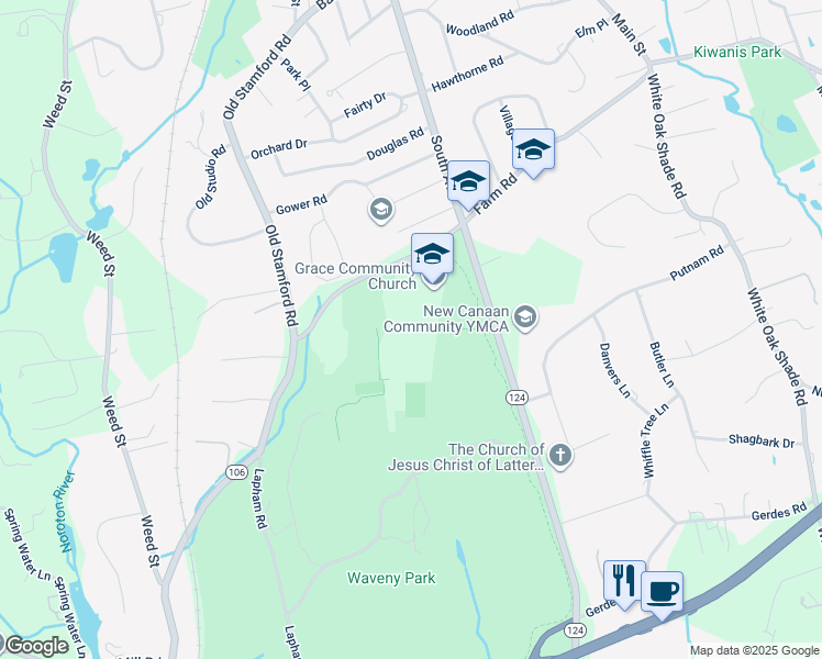 map of restaurants, bars, coffee shops, grocery stores, and more near 11 Farm Road in New Canaan