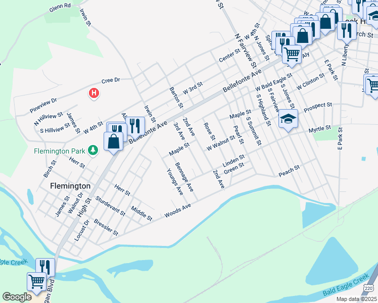 map of restaurants, bars, coffee shops, grocery stores, and more near 222 3rd Avenue in Lock Haven