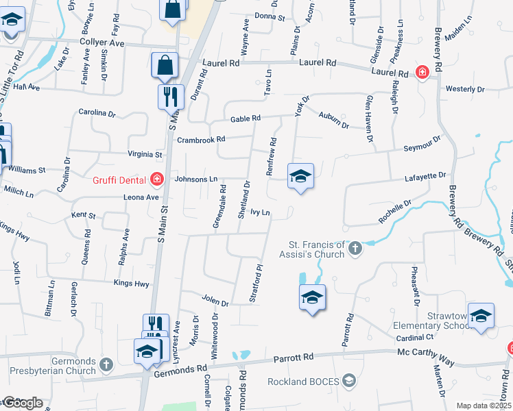map of restaurants, bars, coffee shops, grocery stores, and more near 1 Ivy Lane in New City