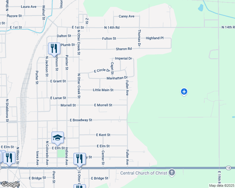 map of restaurants, bars, coffee shops, grocery stores, and more near 1533 1/2 Little Main Street in Streator