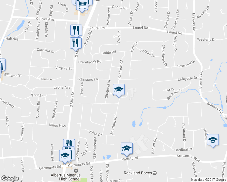 map of restaurants, bars, coffee shops, grocery stores, and more near 1 Ivy Lane in New City