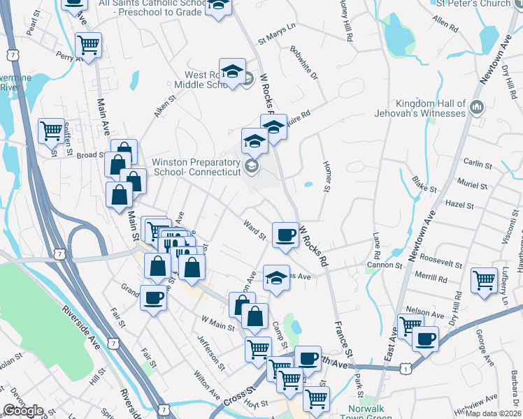 map of restaurants, bars, coffee shops, grocery stores, and more near 1 Rainbow Road in Norwalk
