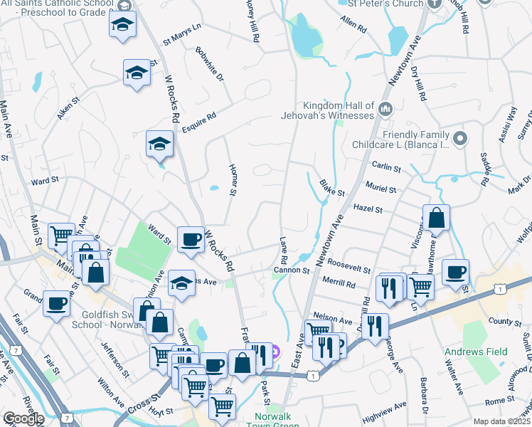 map of restaurants, bars, coffee shops, grocery stores, and more near 14 Old Lantern Place in Norwalk