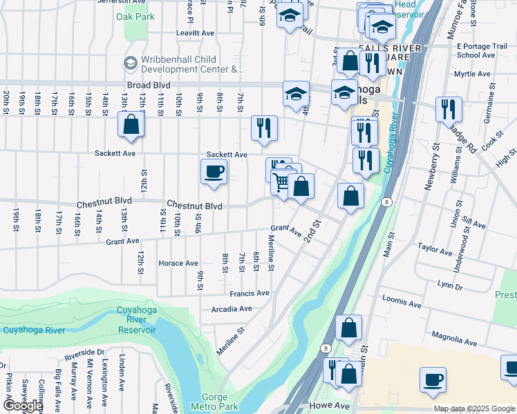map of restaurants, bars, coffee shops, grocery stores, and more near 616 Chestnut Boulevard in Cuyahoga Falls