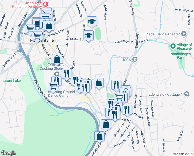 map of restaurants, bars, coffee shops, grocery stores, and more near 85 Columbus Avenue in Pleasantville