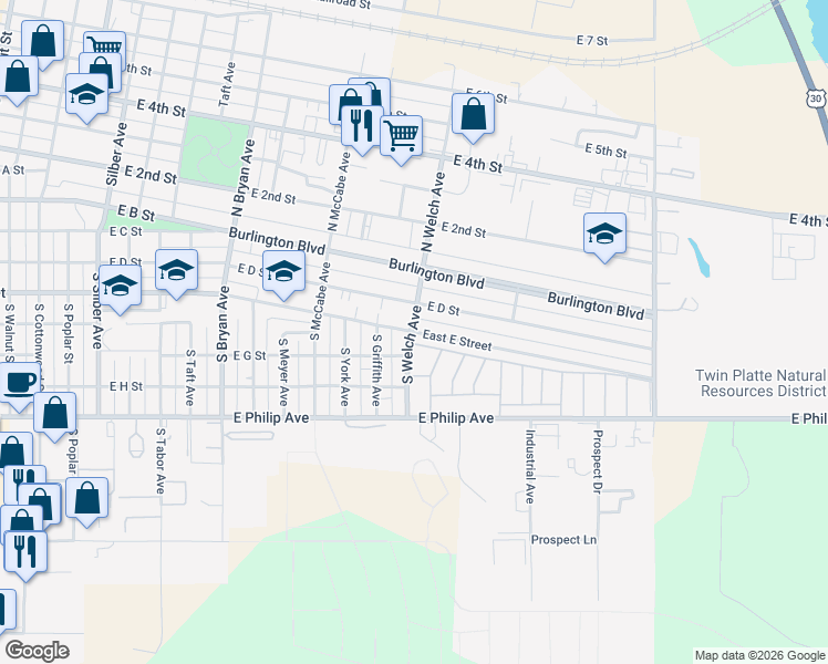 map of restaurants, bars, coffee shops, grocery stores, and more near 1800 East E Street in North Platte