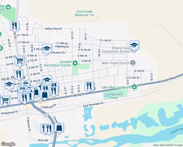 map of restaurants, bars, coffee shops, grocery stores, and more near 1018 East 4th Street in Ogallala