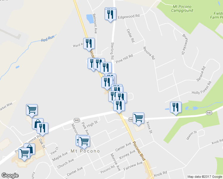 map of restaurants, bars, coffee shops, grocery stores, and more near 38 Sterling Rd in Mt Pocono