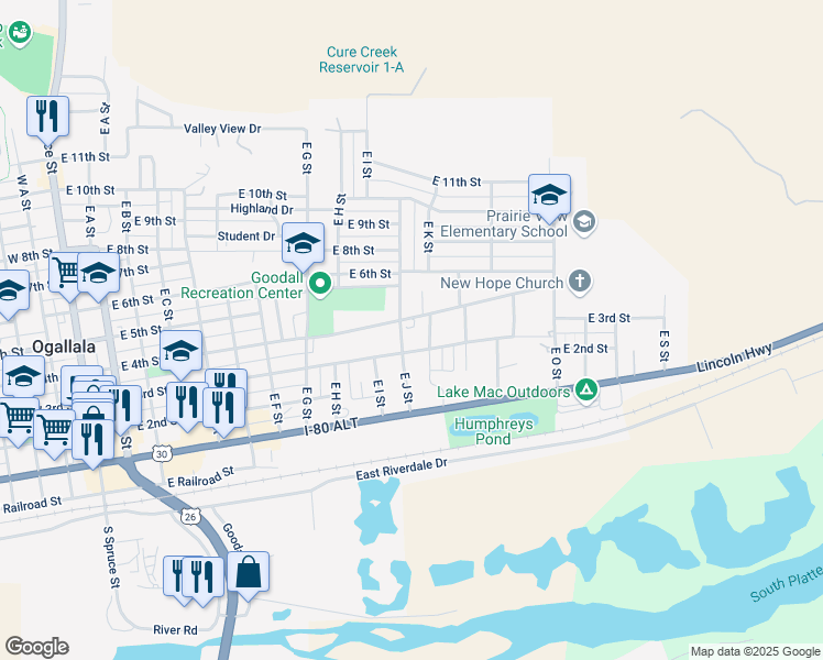 map of restaurants, bars, coffee shops, grocery stores, and more near 1018 East 4th Street in Ogallala