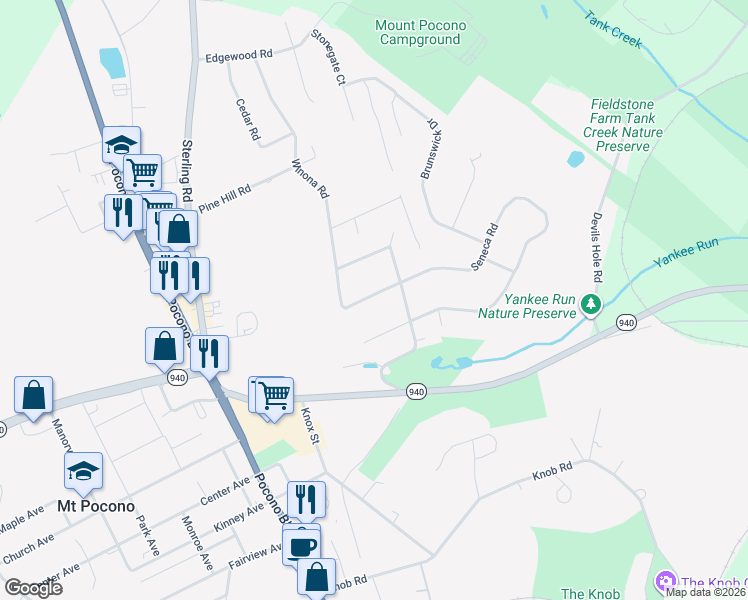 map of restaurants, bars, coffee shops, grocery stores, and more near 17 Seneca Rd in Mt Pocono