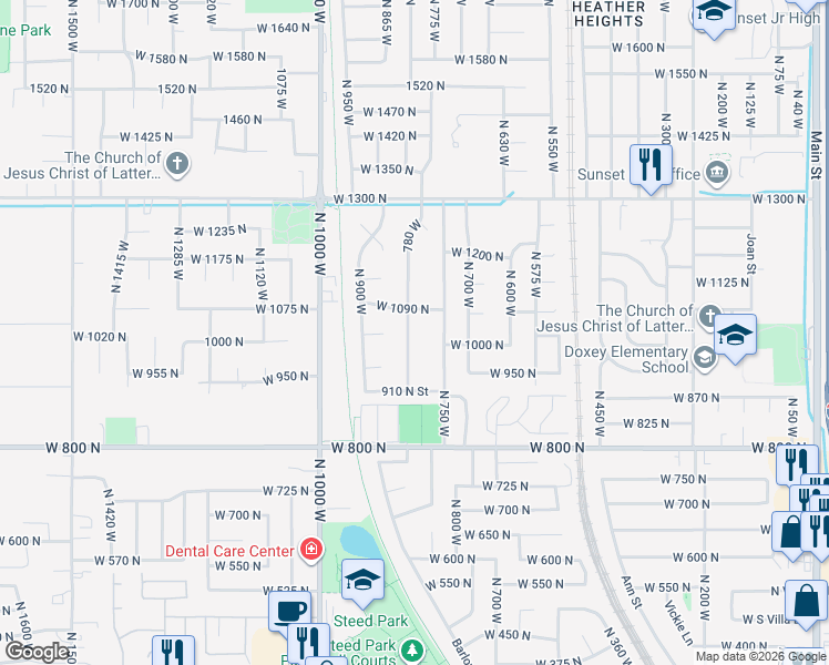 map of restaurants, bars, coffee shops, grocery stores, and more near 1032 North 780 West in Clinton