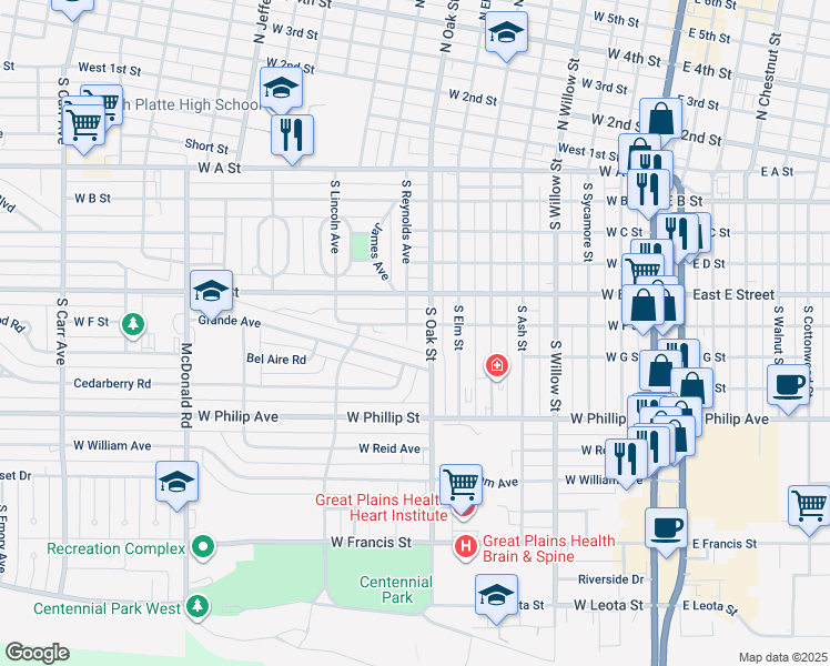 map of restaurants, bars, coffee shops, grocery stores, and more near 814 West F Street in North Platte