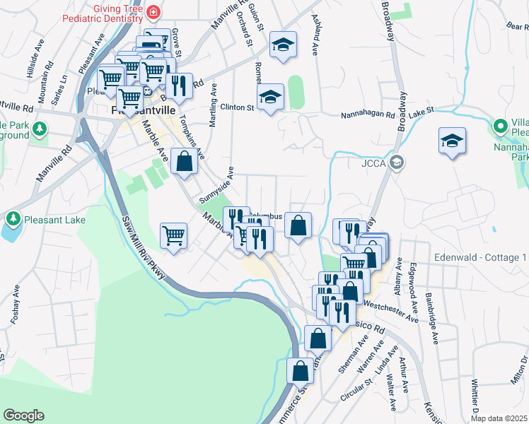 map of restaurants, bars, coffee shops, grocery stores, and more near 51 Columbus Avenue in Pleasantville