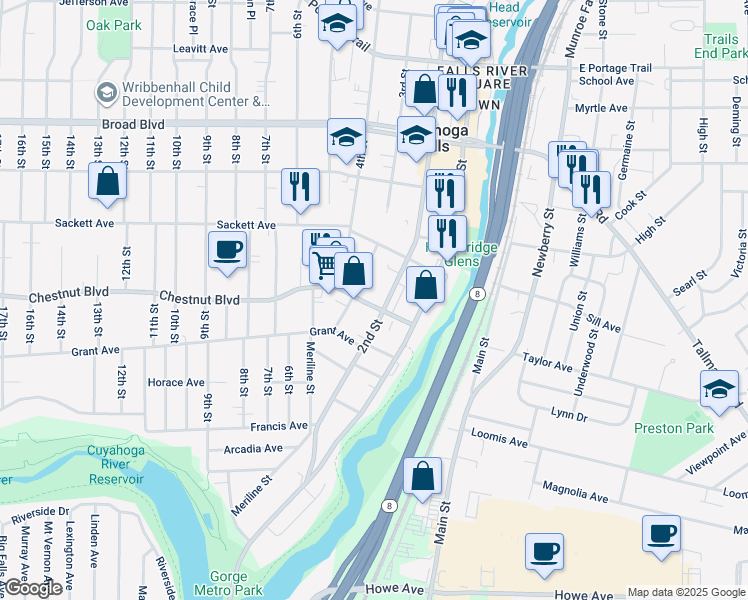 map of restaurants, bars, coffee shops, grocery stores, and more near 228 Chestnut Boulevard in Cuyahoga Falls