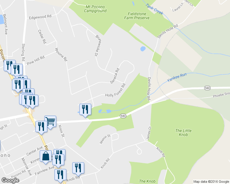 map of restaurants, bars, coffee shops, grocery stores, and more near 38 Holly Forest Road in Mount Pocono