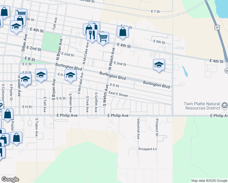 map of restaurants, bars, coffee shops, grocery stores, and more near 1800-2016 East E Street in North Platte