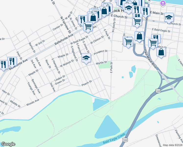 map of restaurants, bars, coffee shops, grocery stores, and more near 447 South Fairview Street in Lock Haven