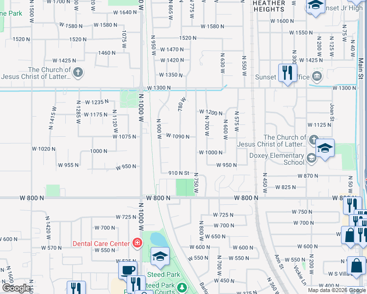 map of restaurants, bars, coffee shops, grocery stores, and more near 1032 North 780 West in Clinton