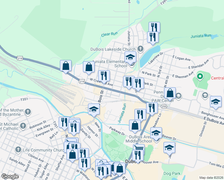 map of restaurants, bars, coffee shops, grocery stores, and more near 299 W Dubois Ave in DuBois
