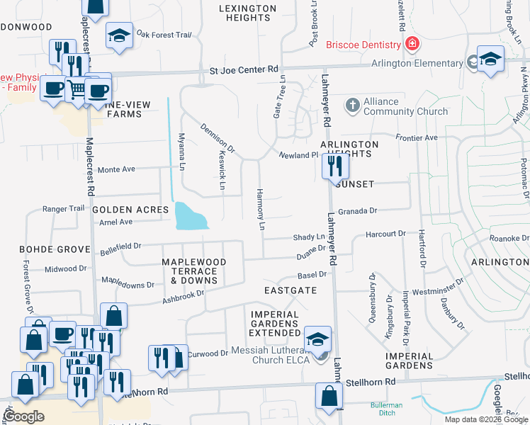 map of restaurants, bars, coffee shops, grocery stores, and more near 7103 Sandyridge Pl in Fort Wayne