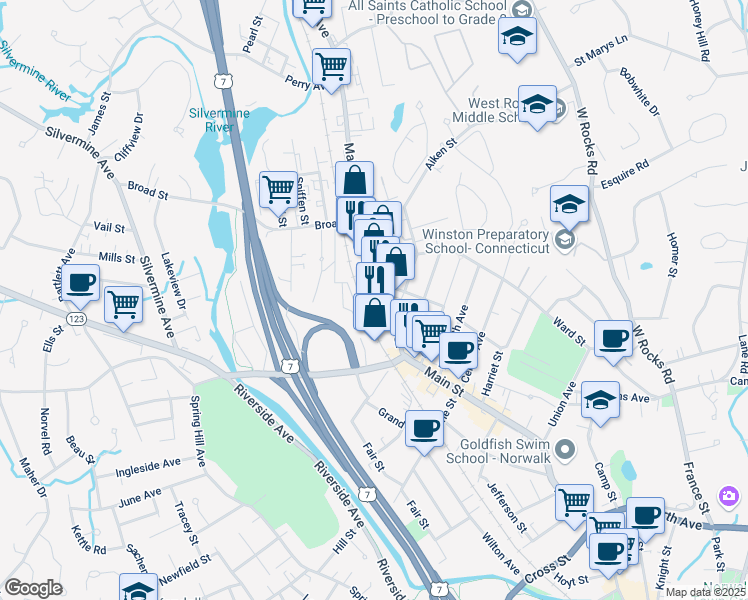 map of restaurants, bars, coffee shops, grocery stores, and more near 5 Van Tassell Court in Norwalk
