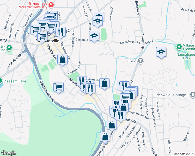 map of restaurants, bars, coffee shops, grocery stores, and more near 85 Columbus Avenue in Pleasantville