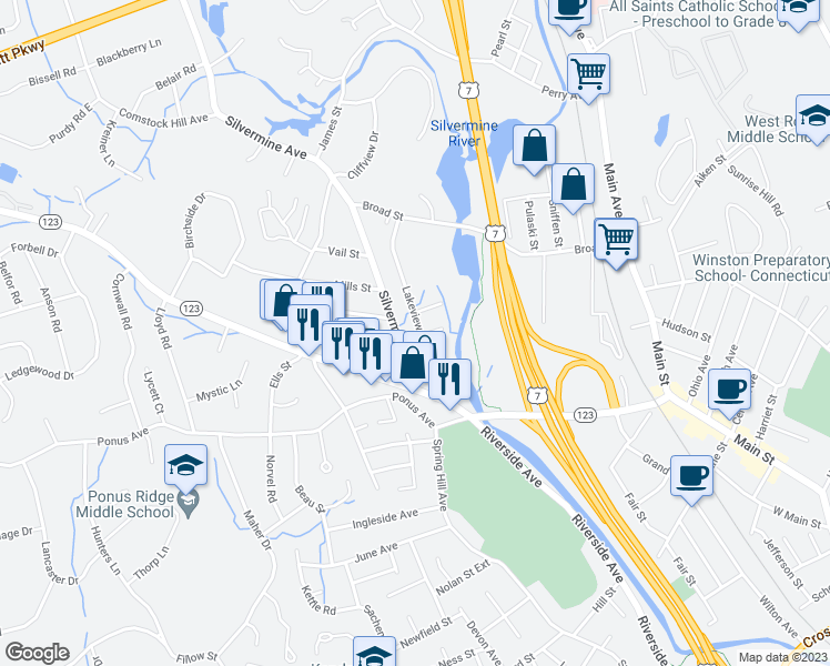 map of restaurants, bars, coffee shops, grocery stores, and more near 7 Lakeview Drive in Norwalk