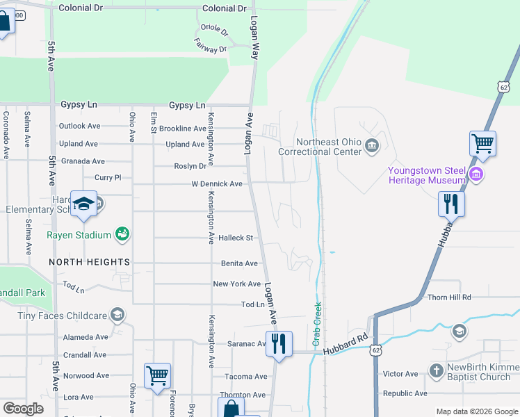 map of restaurants, bars, coffee shops, grocery stores, and more near 2135 Logan Avenue in Youngstown