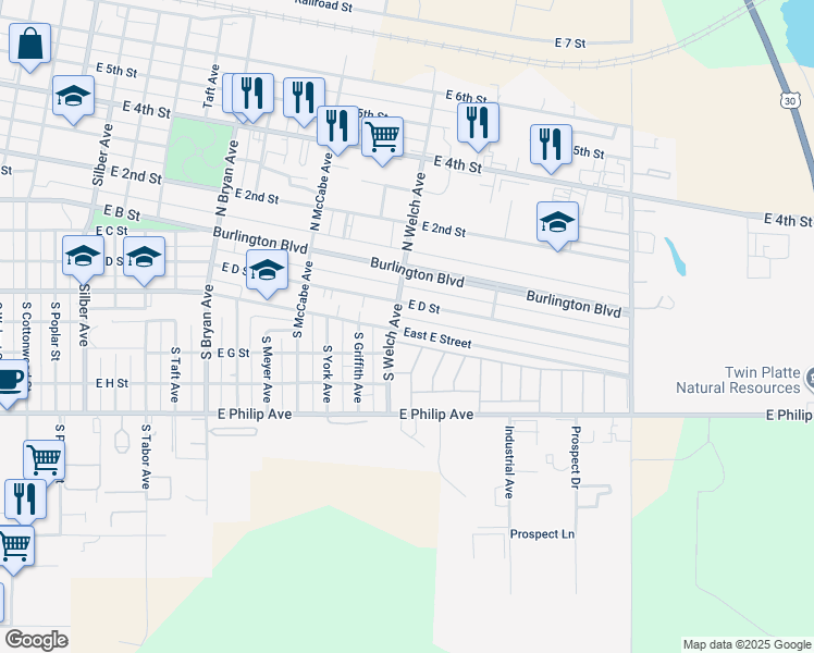 map of restaurants, bars, coffee shops, grocery stores, and more near 1801 East E Street in North Platte