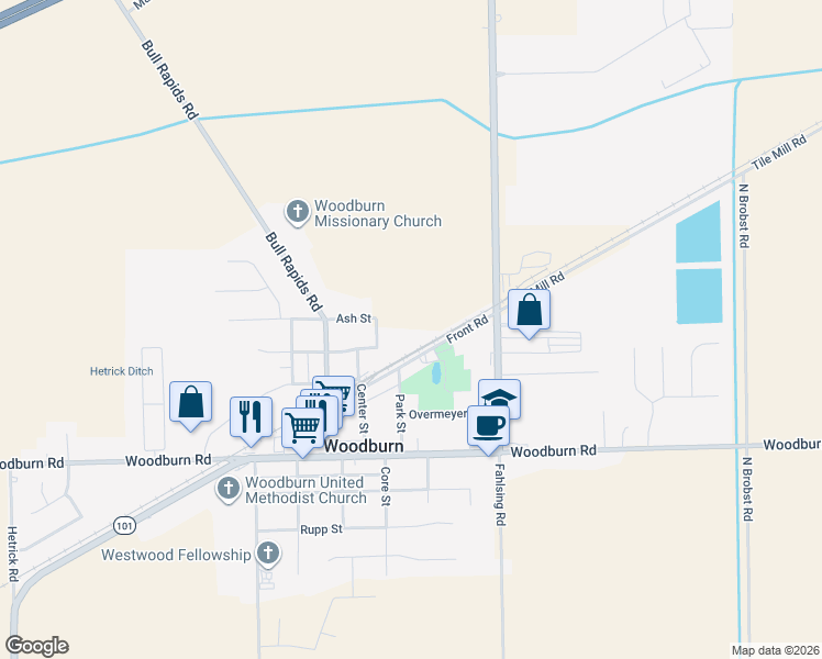 map of restaurants, bars, coffee shops, grocery stores, and more near 22416 Maple Lane in Woodburn