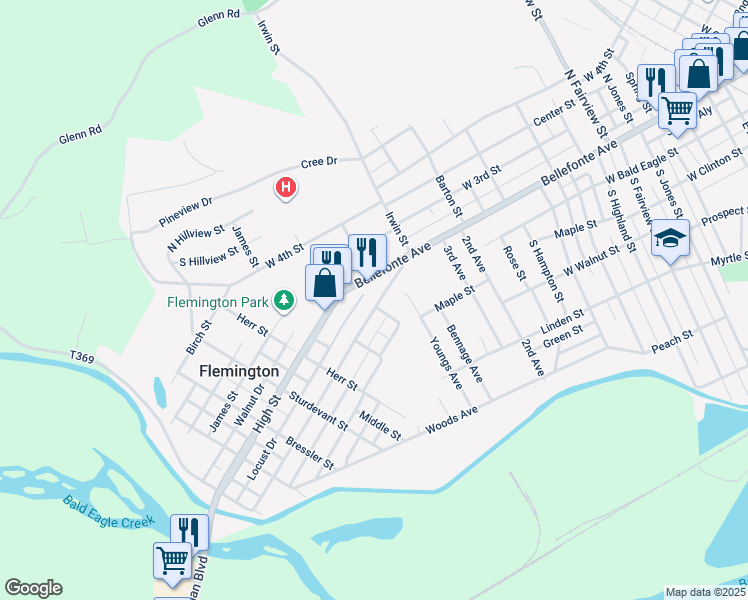 map of restaurants, bars, coffee shops, grocery stores, and more near 639 Frederick Street in Lock Haven