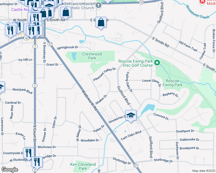 map of restaurants, bars, coffee shops, grocery stores, and more near 715 Shaker Drive in Medina