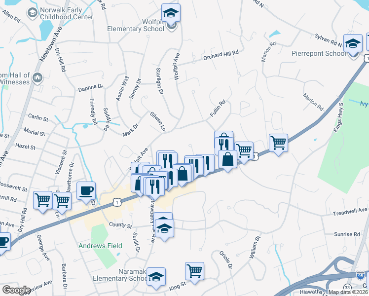 map of restaurants, bars, coffee shops, grocery stores, and more near 12 Willard Road in Norwalk