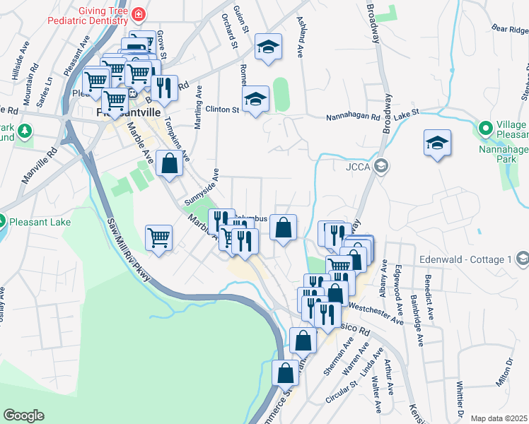 map of restaurants, bars, coffee shops, grocery stores, and more near 85 Columbus Avenue in Pleasantville