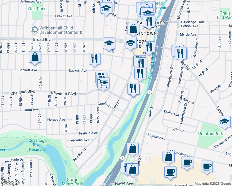 map of restaurants, bars, coffee shops, grocery stores, and more near 228 Chestnut Boulevard in Cuyahoga Falls