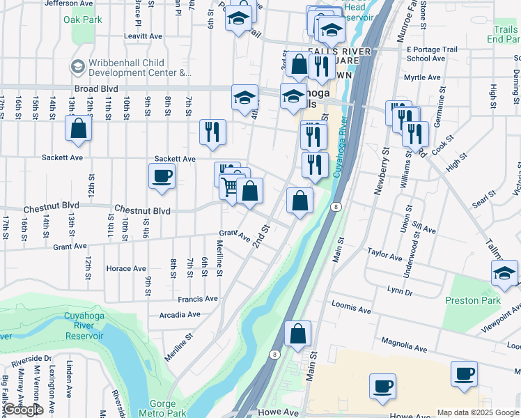 map of restaurants, bars, coffee shops, grocery stores, and more near 228 Chestnut Boulevard in Cuyahoga Falls