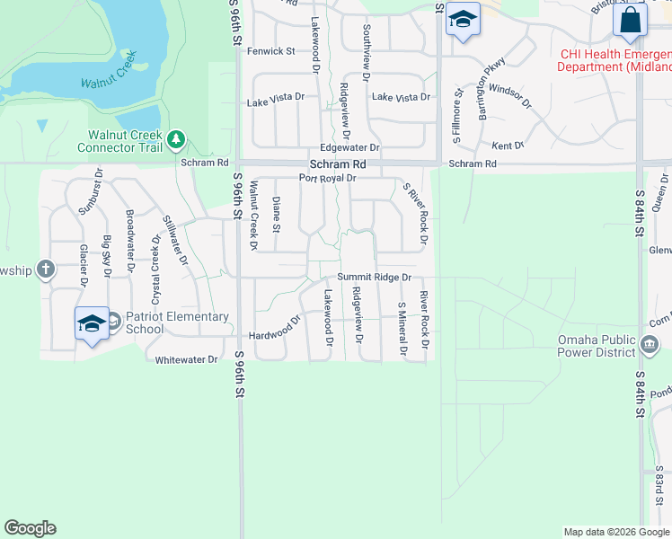 map of restaurants, bars, coffee shops, grocery stores, and more near 2302 Ridgeview Drive in Papillion