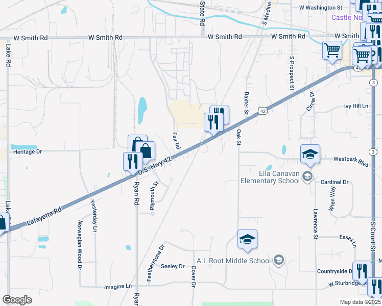 map of restaurants, bars, coffee shops, grocery stores, and more near 704 Lafayette Road in Medina