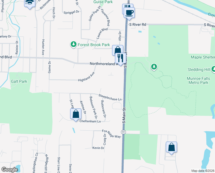map of restaurants, bars, coffee shops, grocery stores, and more near 372 Valentine's Brook in Munroe Falls