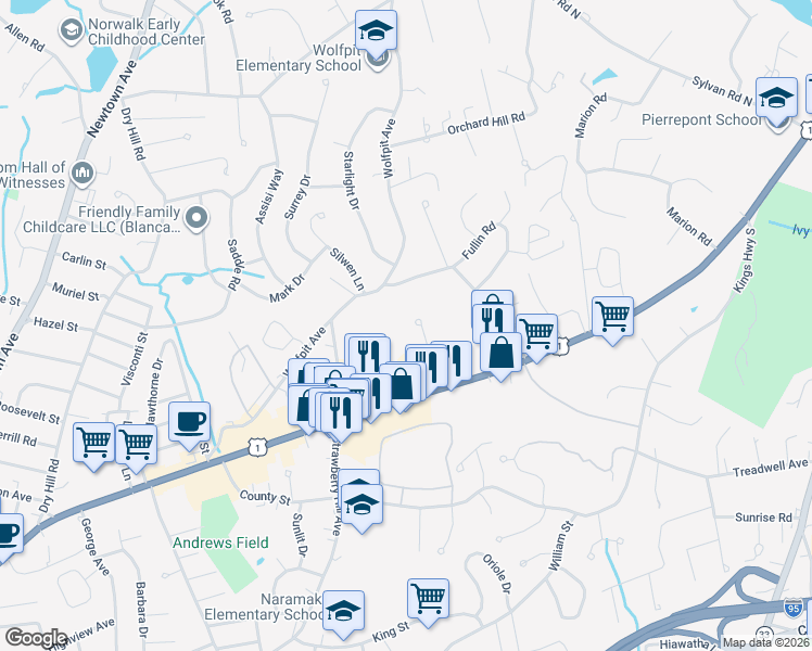 map of restaurants, bars, coffee shops, grocery stores, and more near 12 Willard Road in Norwalk